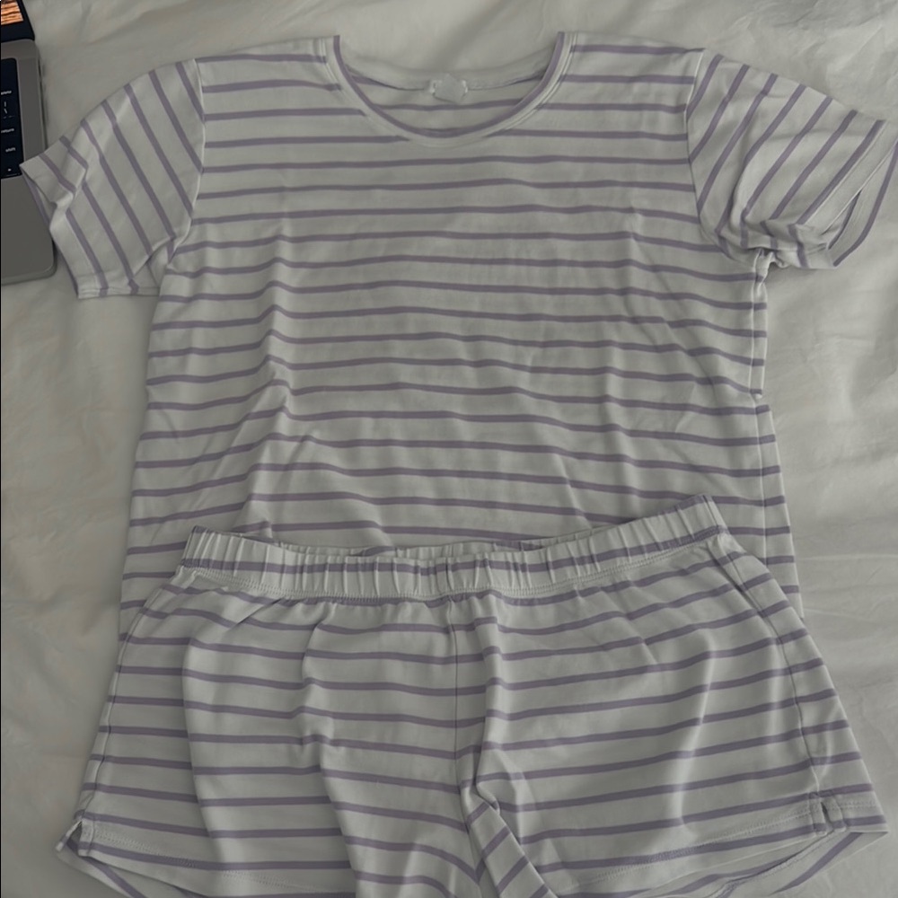 Pima Crew Shorts Set, Purple (Lilac) and White Stripe - Medium